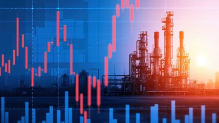 energy stock gas trading. Industrial landscape with graphs illustrating market trends and energy production.