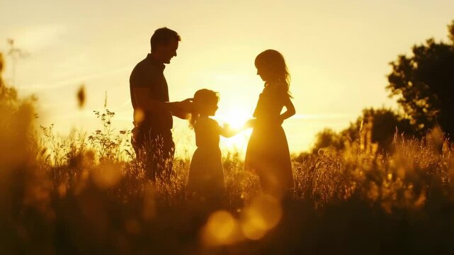 Silhouette of man and child in field during golden hour sunset, outdoor nature scene with warm glowing light creating peaceful atmosphere