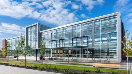 Obraz premium Contemporary School Building with Transparent Glass Facade, Sunlit Modern Educational Architecture Featuring Reflective Exterior and Sustainable Design in Academic Environment