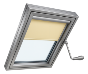 A manually-operated skylight window with an integrated blind, perfect for controlling light in a children's playroom in an attic.