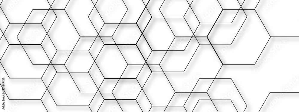 Poster abstract seamless geometric background with interconnected hexagons outlined in thin gray lines on a
