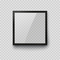 Screen or photo frame isolated on transparent background. Realistic square picture, photograph border. Vector glass black photoframe, display