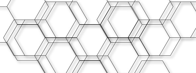 Fototapeta premium Abstract seamless geometric background with interconnected hexagons outlined in thin gray lines on a white backdrop. Clean, modern, and minimalistic, suitable for tech, scientific, or architectural