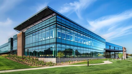 Obraz premium Contemporary School Building with Transparent Glass Facade, Sunlit Modern Educational Architecture Featuring Reflective Exterior and Sustainable Design in Academic Environment