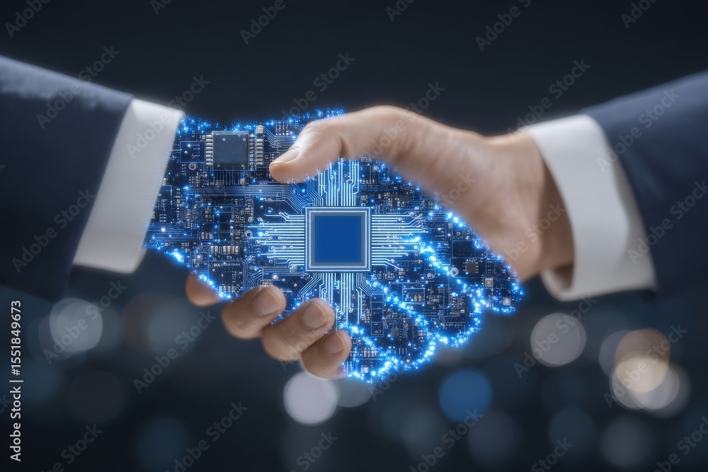 Poster the concept of innovation is depicted through a digital handshake that blends human and technologica