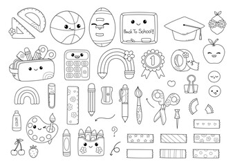 Cute Back to School, Teacher Elements Doodle Cartoon Style Hand Drawn Outline Coloring Page Vector