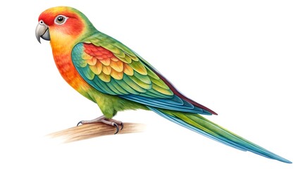 Fototapeta premium A colorful blue and yellow macaw parrot with a prominent beak perches on a branch, isolated against a white background