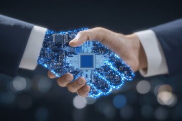 The concept of innovation is depicted through a digital handshake that blends human and technological components, set on a dark background with glowing circuit board patterns, showcasing a futuristic