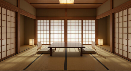 Traditional Japanese tea room with tatami flooring and shoji screens  