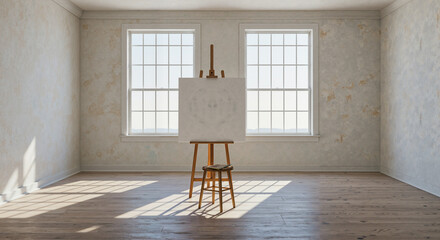 Empty art studio with easel and chair in bright, natural light  