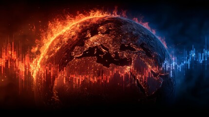 The digital illustration presents a haunting image of the Earth engulfed by flames, symbolizing the disastrous effects of global warming and climate change, with a fiery landscape that clashes with