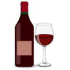 glass goblet with red wine and bottle