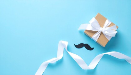 Gift box with ribbon, and and mustache on blue.