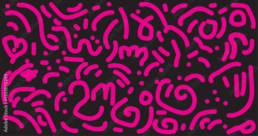 Poster a black background filled with bright pink abstract shapes and lines in a chaotic and playful arrang