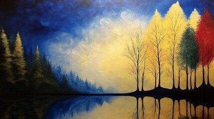 Colorful Trees Reflected in a Calm Lake at Twilight
