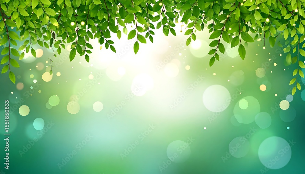 Poster green leaves background with bokeh effect.