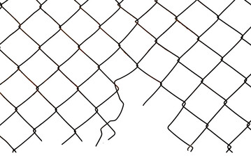 The texture of the metal mesh on a white background. Torn steel, metal mesh with holes