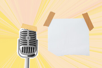 Vintage microphone with empty paper on a colored background. Copy space or mockup. Collage art