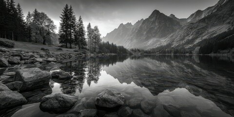 Mountain lake reflects towering peaks and lush forest during early morning hours in monochrome beauty