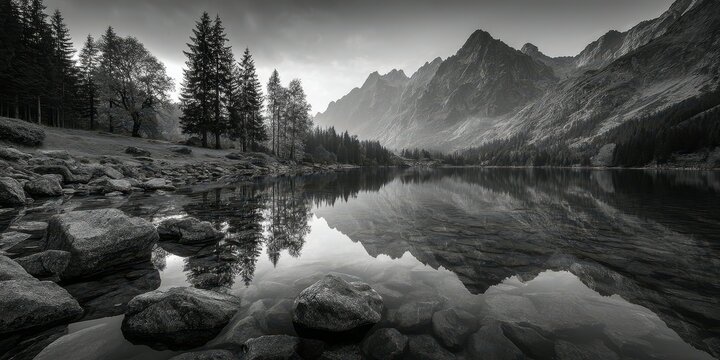 Mountain lake reflects towering peaks and lush forest during early morning hours in monochrome beauty
