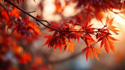 Sunlit Autumn Tree Branch Closeup Vibrant Red Orange Leaves Soft Bokeh Background
