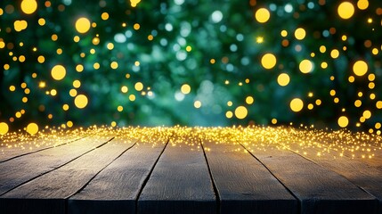 Dark Wooden Table with Golden Glitter and Bokeh Lights