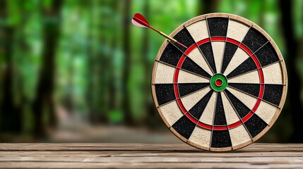 Dart Arrow Hitting Bullseye on Wooden Dartboard in Nature
