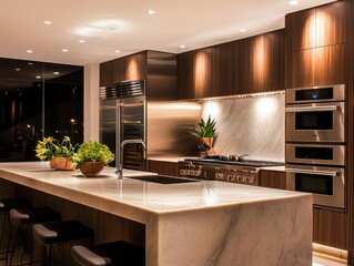 Modern kitchen design in mocha hues with natural wood accents marble countertops soft lighting