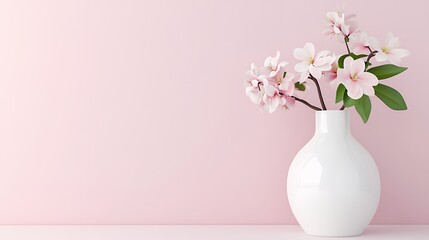 Delicate Pink Blossoms in White Vase Against Pale Pink Wall