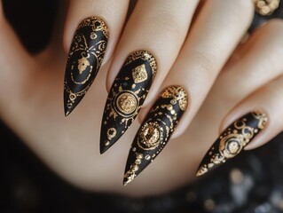 Nail art with divine symbols intricate designs and golden accents symbolizing empowerment beauty