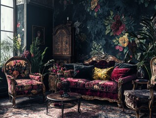 Moody interior with dark florals velvet upholstery antique furniture and rich textures whimsigothic vibe
