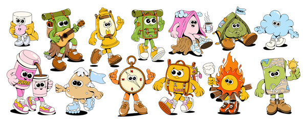 Camping  Retro Groovy Cartoon Characters. Backpack, Tent, Fire, Marshmallow, Map, and Outdoor Items with Retro 70s Vibe