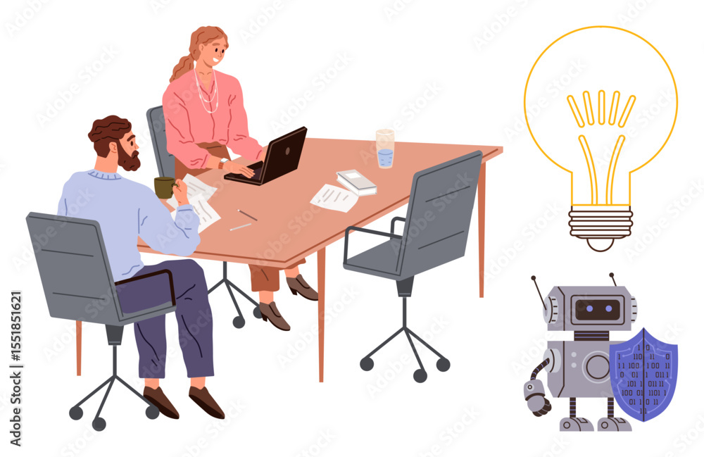 Poster team meeting around a table with laptops, coffee, and notes. bright light bulb represents innovation
