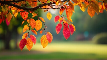 Mixed Red Orange Autumn Leaves Park Closeup Blurred Meadow Ambient Light
