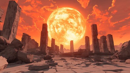 Desolate Pixel Art City at Sunset Under a Giant Orange Sun