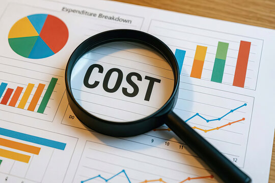 Cost analysis concept with magnifying glass focusing on word cost on financial charts and graphs showing expenditure breakdown and data trends