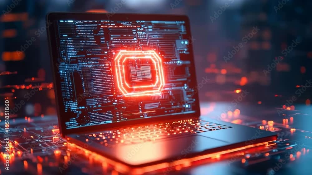 Aufkleber futuristic laptop circuit technology with glowing red digital code, cyber security interface, data p
