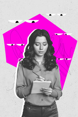 Fototapeta premium Template poster trend artwork photo collage of young woman stand hand hold notebook write report eyes watch see focus security spy search