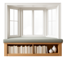 Bay window with a built-in bookcase underneath for a cozy reading corner in a home study.