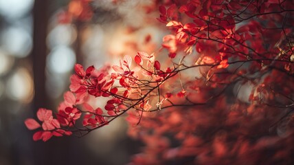 Red Saffron Autumn Leaves National Park Closeup Blurred Trees Sunset
