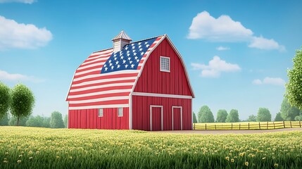 Digital American Flag Barn in a Yellow Flower Field