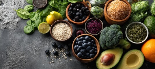 Fresh Organic Vegetables and Fruits with Natural Ingredients on Dark Table, Healthy Eating Concept with Colorful Produce and Healthy Lifestyle