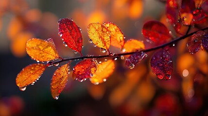 Dew-Kissed Autumn Branch Red Orange Leaves Park Morning Golden Light
