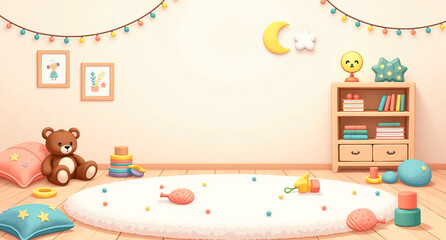 Naklejka premium Drawn soft toys in the interior of a cozy children's room.