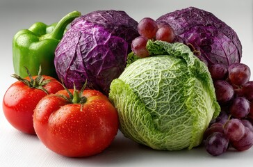 Fresh Organic Vegetables and Fruits with Vibrant Colors Including Cabbage, Tomatoes, Green Bell Pepper, and Grapes on a Light Background