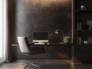 Trendy mocha monochrome workspace with sleek furniture soft lighting and minimalist atmosphere