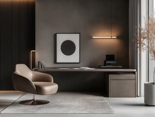 Trendy mocha monochrome workspace with sleek furniture soft lighting and minimalist atmosphere