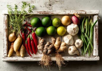 Fresh Organic Vegetables and Herbs Arranged on a Rustic Tray with Vibrant Colors and Textures for Culinary Inspiration and Healthy Cooking Ideas