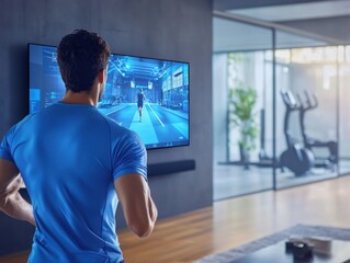 Virtual training session on large screen with person doing workout in cozy living room setting