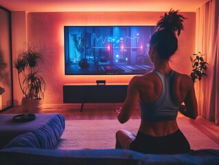 Virtual training session on large screen with person doing workout in cozy living room setting